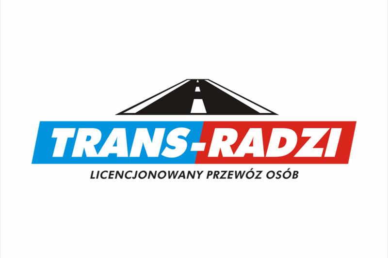 Logo firmy Trans-Radzi z drogą w tle, hasłem 'Licencjonowany Przewóz Osób', w kolorach niebieskim i czerwonym na białym tle.