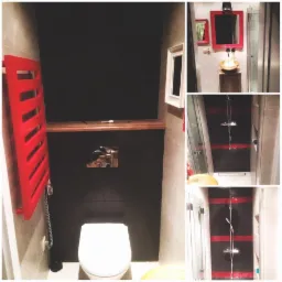 Wnętrze nowoczesnej łazienki z czarnymi płytkami, czerwonym grzejnikiem drabinkowym i złotą umywalką, prezentowane w formie kolażu.