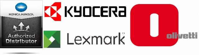 Logotypy producentów kserokopiarek: Konica Minolta (z oznaczeniem autoryzowanego dystrybutora), Kyocera, Lexmark i Olivetti, ułożone obok siebie na białym tle.