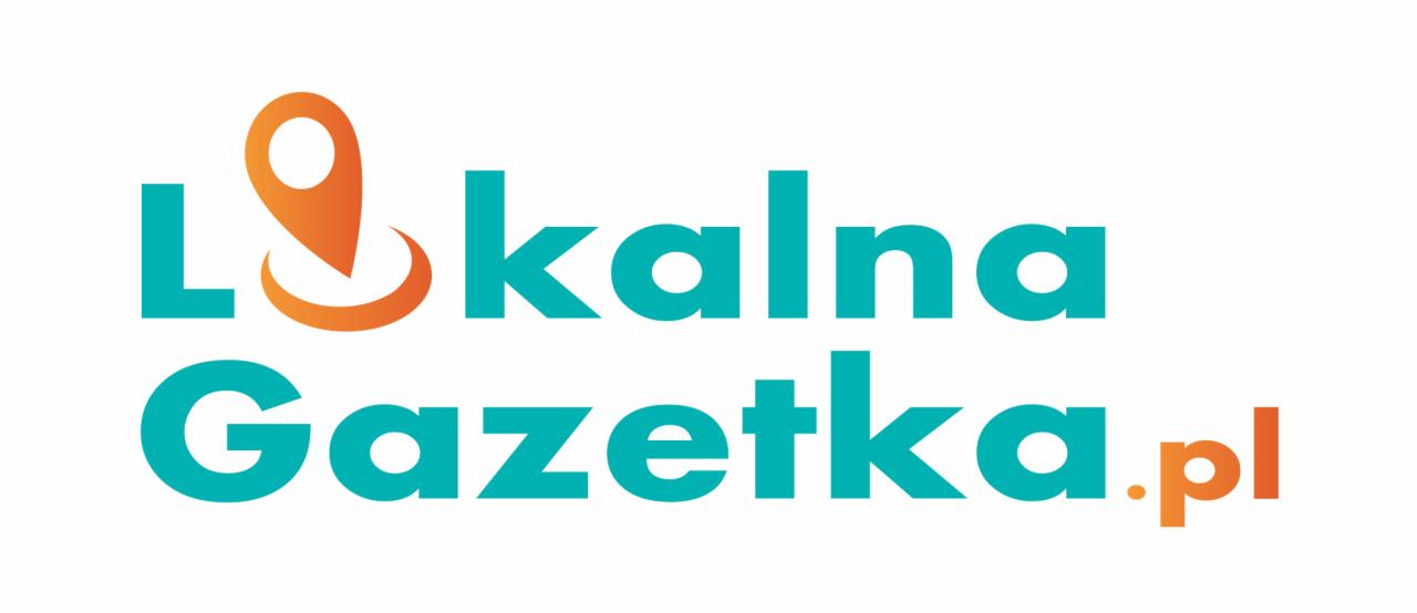 Logo 'Lokalna Gazetka.pl' w kolorach turkusowym i pomarańczowym. Nad napisem 'Gazetka' pomarańczowy element graficzny przypominający pinezkę lokalizacji.