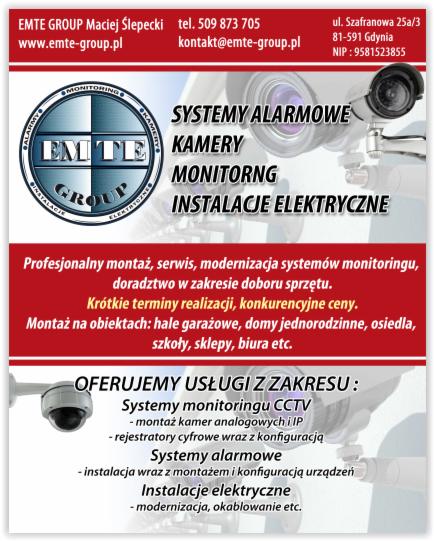 Baner firmy EMTE GROUP: systemy alarmowe, kamery, monitoring, instalacje elektryczne. Profesjonalny montaż, serwis, krótkie terminy realizacji.