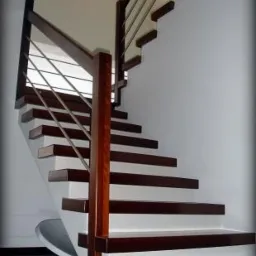 Nowoczesne schody wewnętrzne z ciemnego drewna i metalową balustradą, widok z dołu. Stopnie o minimalistycznym designie, białe podstopnice, eleganckie wykończenie.