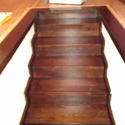 Drewniane schody wewnętrzne z ciemnego drewna, widok z góry, z jasnymi ścianami po bokach. Widoczne detale usłojenia drewna i wykończenia. Schody prowadzą w dół.