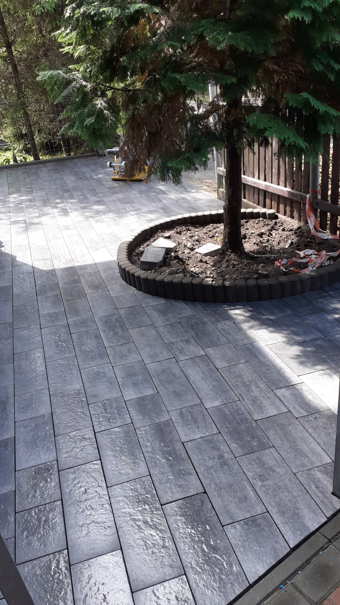 Ułożona szara kostka brukowa wokół drzewa z obrzeżem, w tle ubijarka do kostki brukowej.