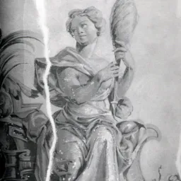 Czarno-biała, uszkodzona fotografia przedstawiająca alegoryczną postać kobiecą siedzącą na tronie, trzymającą w dłoniach atrybut w kształcie rośliny.