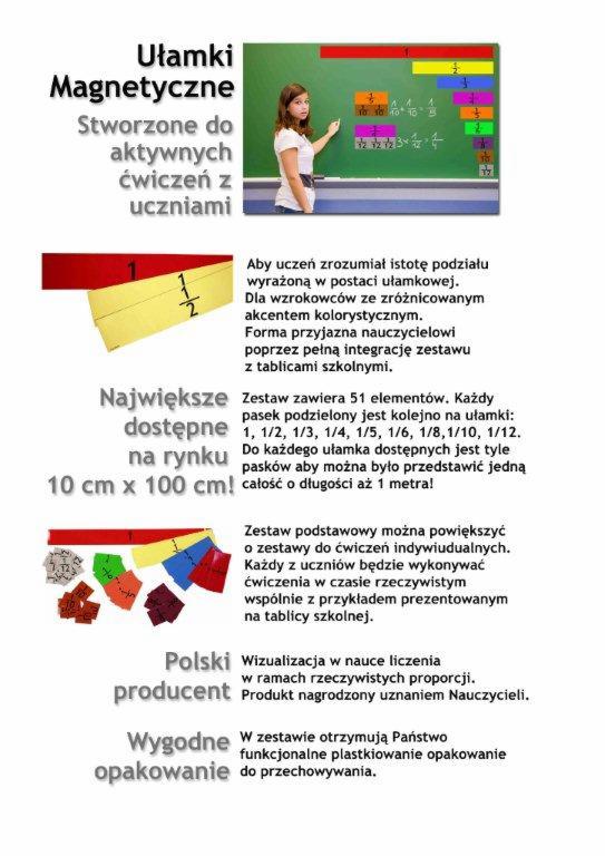 Ilustracja produktu: Magnetyczne ułamki, zestaw edukacyjny do wizualizacji ułamków na tablicy, prezentowane przez nauczyciela na tle zielonej tablicy z przykładami, w zestawie kolorowe paski...