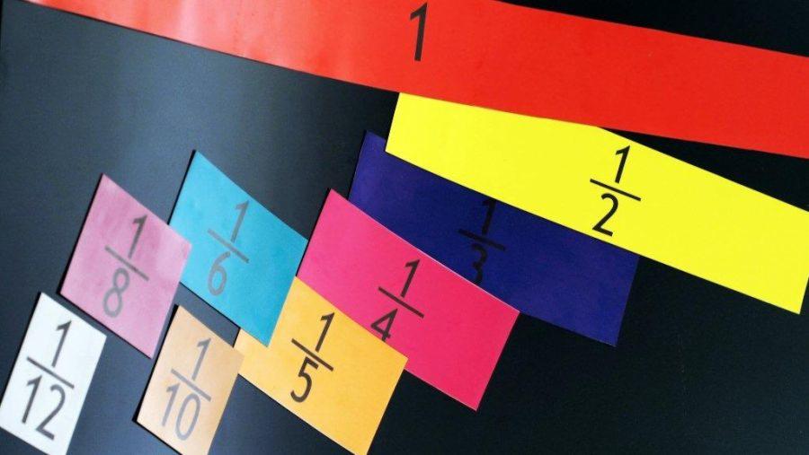 Kolorowe paski i kartki z ułamkami (1, 1/2, 1/3, 1/4, 1/5, 1/6, 1/8, 1/10, 1/12) na czarnym tle, używane jako pomoce dydaktyczne do nauki matematyki.