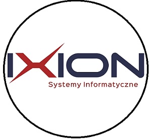 Logo firmy IXION Systemy Informatyczne w okręgu. Czerwono-granatowy napis z przekreślonym X.