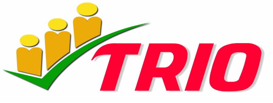 Logo firmy z trzema stylizowanymi postaciami w kolorze żółto-pomarańczowym, rosnącymi w górę, nad którymi biegnie zielony symbol odhaczenia, oraz czerwonym napisem 'TRIO'.