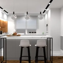 Wnętrze nowoczesnej kuchni z wyspą, białymi hokerami, marmurowym blatem i drewnianymi szafkami wiszącymi z podświetleniem LED.