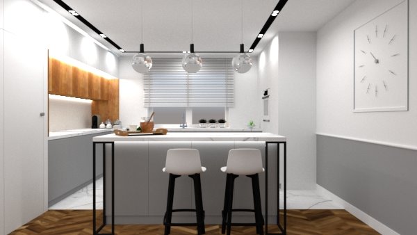 Wnętrze nowoczesnej kuchni z wyspą, białymi hokerami, marmurowym blatem i drewnianymi szafkami wiszącymi z podświetleniem LED.