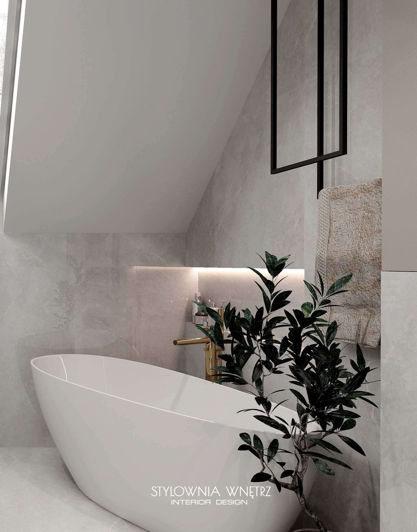 Nowoczesna łazienka w odcieniach szarości z wolnostojącą białą wanną, złotą armaturą i dekoracyjną rośliną w doniczce. Na ścianie widoczny grzejnik drabinkowy w czarnej ramie oraz beżowy ręcznik.