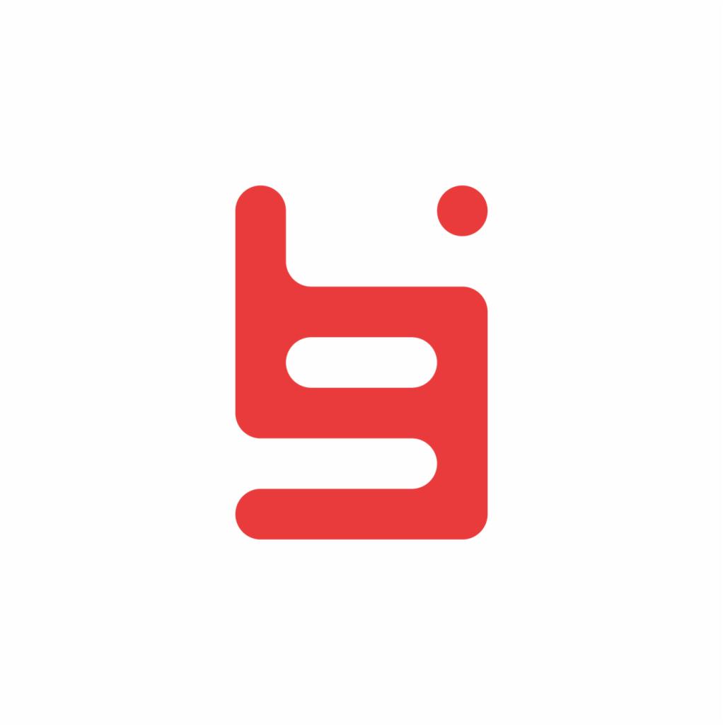 Czerwone, stylizowane logo firmy na białym tle, przypominające literę 'b' z kropką u góry.