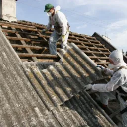 Demontaż eternitu z dachu przez dwóch pracowników w kombinezonach ochronnych. Widoczne stare, drewniane elementy konstrukcji dachu i fragmenty sąsiednich budynków.