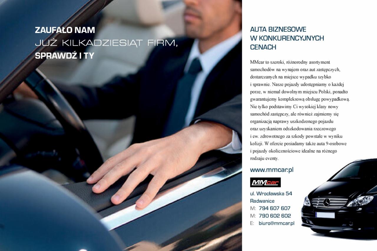 Reklama firmy MMcar oferującej auta biznesowe w konkurencyjnych cenach, z widoczną ręką kierowcy na kierownicy i fragmentem czarnego samochodu.