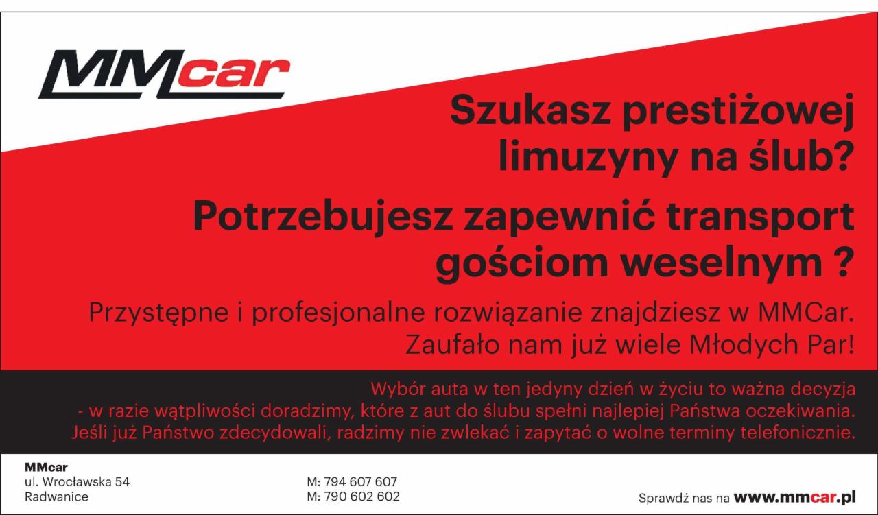 Reklama firmy MMcar oferującej wynajem limuzyn na ślub i transport gości weselnych, z adresem i numerami telefonu.