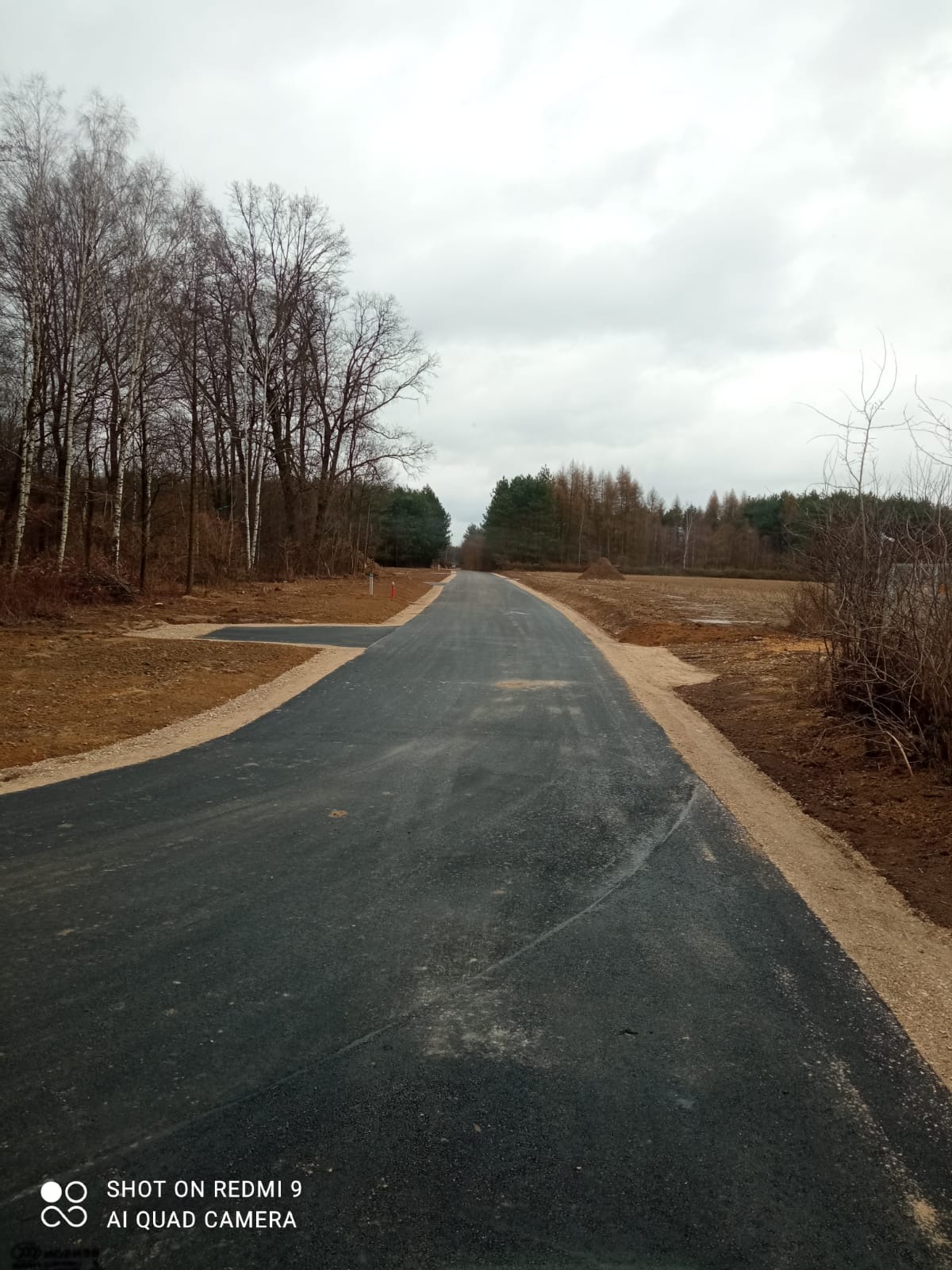 Nowo wyasfaltowana droga przez teren leśny, z widocznymi poboczami z kruszywa i młodymi drzewami po bokach. Pochmurne niebo w tle.
