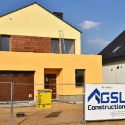 Nowoczesny dom jednorodzinny w trakcie budowy, żółta elewacja, brązowe okna i brama garażowa, widoczna drabina oparta o ścianę, ogrodzenie z siatki i tablica informacyjna budowy.