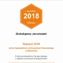 Grafika z gratulacjami dla Jarosława za zajęcie pozycji wśród najlepszych specjalistów od doradztwa personalnego w Wołominie w 2018 roku, z logo Oferteo.