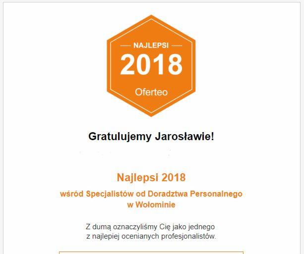 Grafika z gratulacjami dla Jarosława za zajęcie pozycji wśród najlepszych specjalistów od doradztwa personalnego w Wołominie w 2018 roku, z logo Oferteo.
