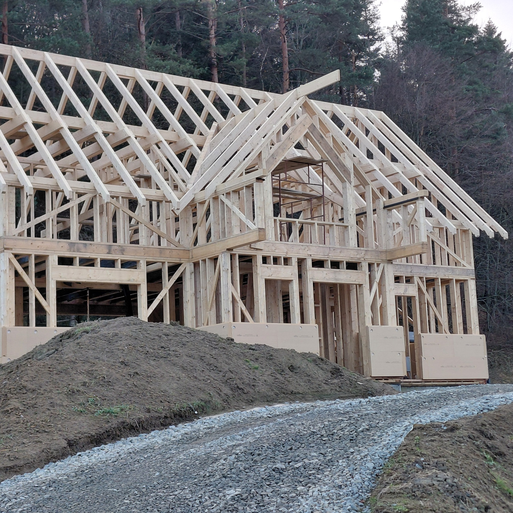 Surowy szkielet domu z drewna na tle lasu, widok z dołu. Widoczne elementy konstrukcyjne i przygotowany teren pod budowę.