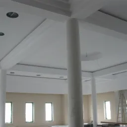 Białe kolumny i dekoracyjny sufit z otworami na oświetlenie w przestronnym wnętrzu. Drabina w tle sugeruje etap wykończeniowy prac.