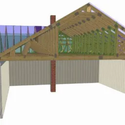 Wizualizacja 3D budynku w trakcie budowy z widoczną konstrukcją dachu, ścianami z cegły i pustaków oraz elementami więźby dachowej w różnych kolorach.