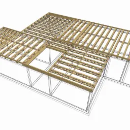 Wizualizacja 3D drewnianej konstrukcji podłogi z belek stropowych na szkielecie budynku, widok z góry.