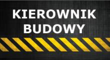 Czarno-żółty baner z napisem 'KIEROWNIK BUDOWY' i ukośnymi pasami, imitujący taśmę ostrzegawczą. Tekst w dwóch wierszach, pogrubiony, bez dodatkowych elementów.