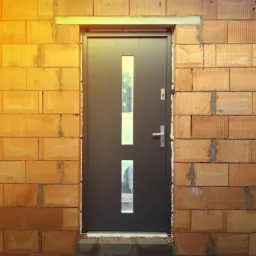 Montaż czarnych drzwi wejściowych z dwoma szybami w surowym murze z pustaków ceramicznych, widoczna pianka montażowa i brak wykończenia.