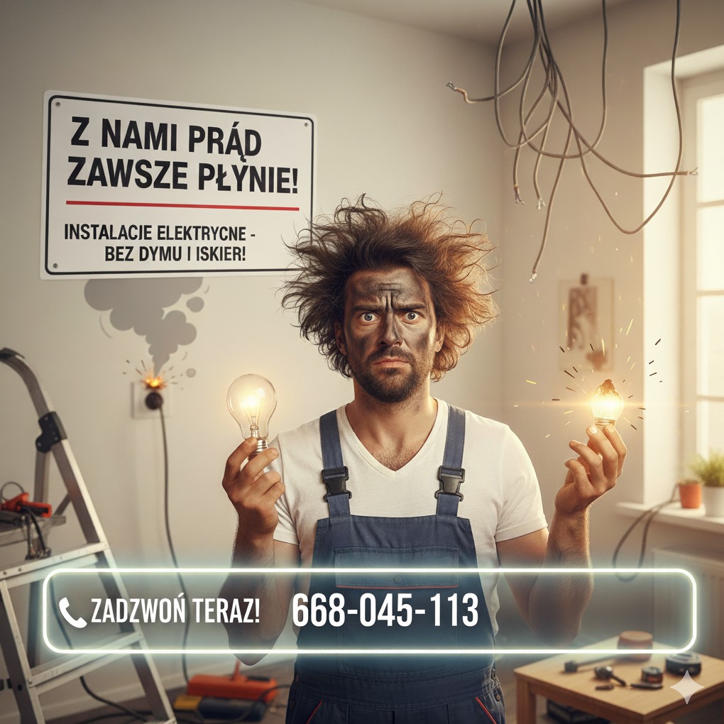 Elektryk z brudną twarzą trzyma żarówki, jedna iskrzy. Na ścianie napis: Z nami prąd zawsze płynie! Instalacje elektryczne - bez dymu i iskier! Zadzwon teraz!