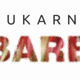 Logo firmy drukarskiej o nazwie RABARBAR, z efektem szkła wodnego na literach, umieszczone pod napisem DRUKARNIA.