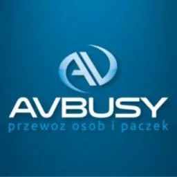 Logo firmy AVBUS w odcieniach błękitu, oferującej przewóz osób i paczek. Charakterystyczny znak graficzny z literami AV w okręgu.