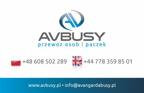 Wizytówka firmy AVBUSY z logo, numerami telefonów z flagami Polski i Wielkiej Brytanii oraz adresem strony www i e-mail. Przewóz osób i paczek.