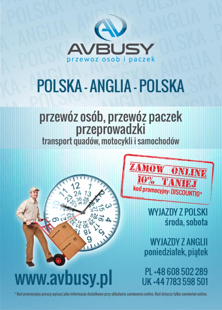 Grafika firmy AVBUSY: przewóz osób i paczek Polska-Anglia-Polska. Mężczyzna z wózkiem i paczkami na tle zegara. Oferta online 10% taniej, wyjazdy z Polski i Anglii.