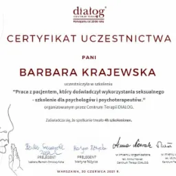 Certyfikat uczestnictwa w szkoleniu dla psychologów i psychoterapeutów, z logo Centrum Terapii DIALOG, podpisany przez prelegentów i organizatorów, wystawiony na imię Barbary Krajewskiej, Warszawa,...