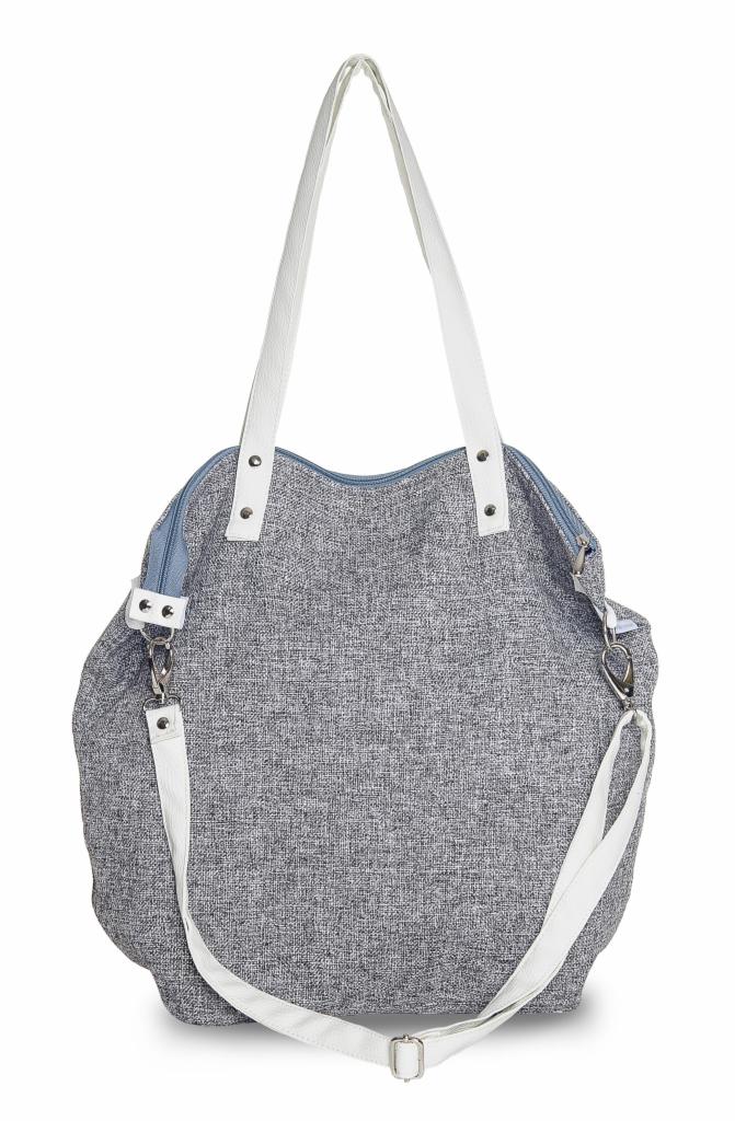 Szara torba tekstylna z białymi uchwytami i niebieskim zamkiem, widoczna na białym tle. Torba ma długie i krótkie uchwyty, co sugeruje możliwość noszenia na ramieniu.