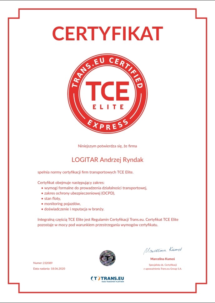 Certyfikat TCE Elite firmy LOGITAR Andrzej Ryndak, potwierdzający spełnienie norm certyfikacji firm transportowych, z logo Trans.eu i podpisem specjalisty ds. certyfikacji.