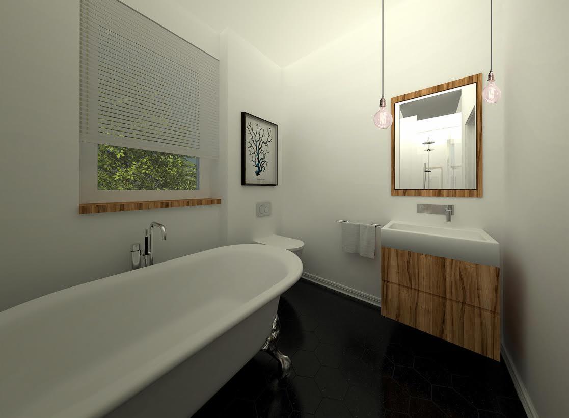 Nowoczesna łazienka z wolnostojącą wanną na lwich nóżkach, drewnianą szafką pod umywalką i dekoracyjnym oświetleniem. Minimalistyczny design z czarną podłogą.