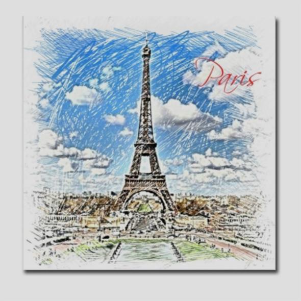 Szkic wieży Eiffla na tle błękitnego nieba z chmurami, z napisem 'Paris' w prawym górnym rogu. Stylistyka przypomina rysunek kredkami.