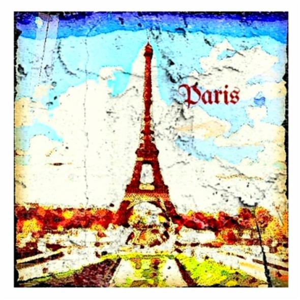 Stylizowana grafika wieży Eiffla z napisem 'Paris', przypominająca malarstwo akwarelowe z efektem postarzenia i teksturą pęknięć na powierzchni.
