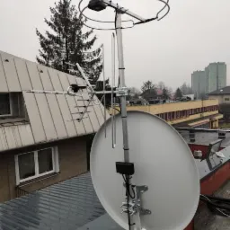 Zestaw antenowy na dachu budynku z anteną satelitarną, anteną kierunkową i anteną dookólną, widok na miasto w tle przy pochmurnej pogodzie.