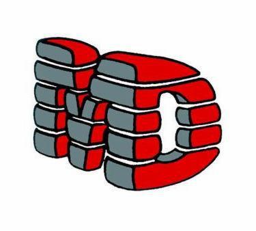 Stylizowany rysunek dwóch bloków betonowych, czerwono-szare z białymi obrysami, układające się w abstrakcyjny wzór na białym tle.