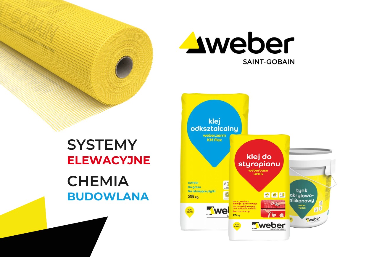 Żółta siatka elewacyjna w rolce obok opakowań kleju odkształcalnego, kleju do styropianu i wiadra z tynkiem akrylowo-silikonowym marki Weber na białym tle.