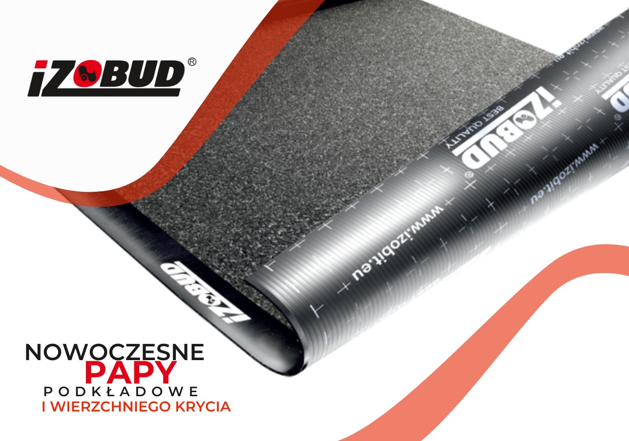 Cięty fragment rolki papy podkładowej marki Izobud, widoczna faktura i napisy z adresem strony internetowej producenta.
