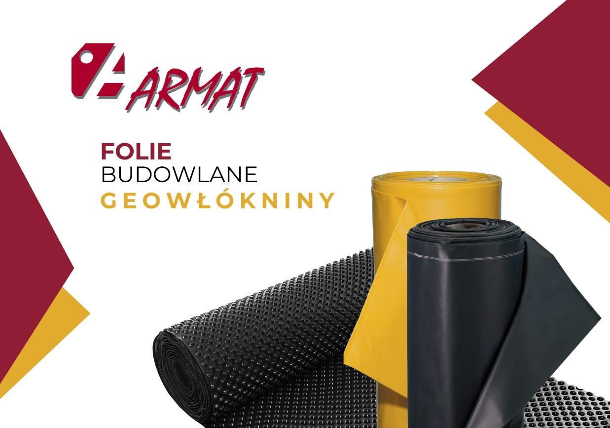 Rolki folii budowlanej: czarna karbowana, żółta gładka i perforowana, na białym tle z logo producenta w lewym górnym rogu.