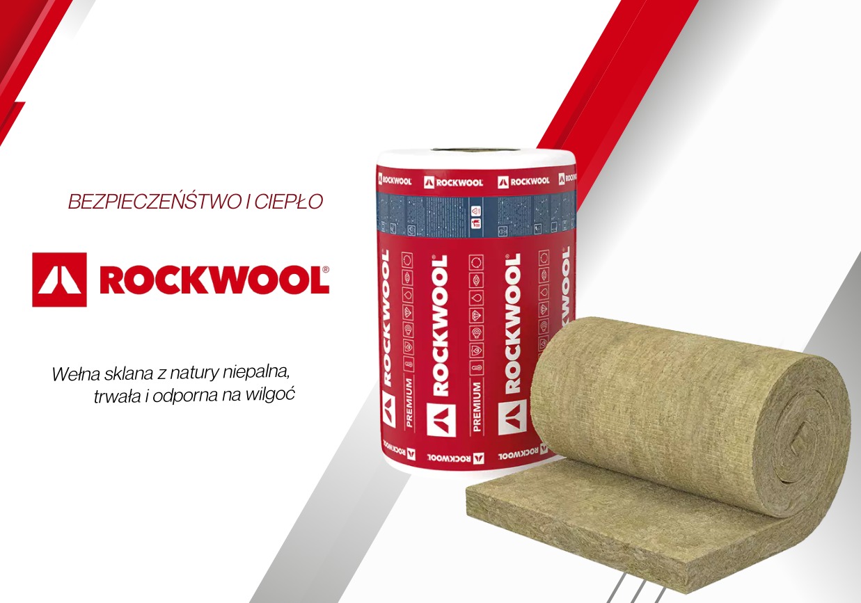 Prezentacja wełny mineralnej Rockwool w rolce i arkuszu na białym tle z elementami graficznymi marki.