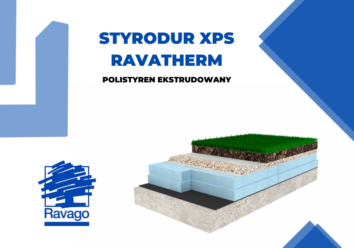 Schemat warstw dachu zielonego z zaznaczoną warstwą termoizolacyjną z polistyrenu ekstrudowanego, logo Ravago w lewym dolnym rogu, niebieskie elementy graficzne w tle.