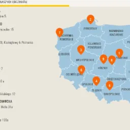 Mapa Polski z zaznaczonymi lokalizacjami oddziałów firmy w dziewięciu miastach, numerowanymi od 1 do 9, wraz z adresami oddziałów po lewej stronie.