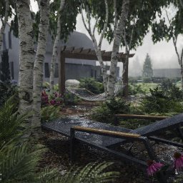 Ogrody Ślusarczyk - Ogród w deszczu: leżak, brzozy, hamak pod pergolą, kwiaty jeżówki. Nowoczesny dom w tle, mglista atmosfera, krople deszczu na roślinach.